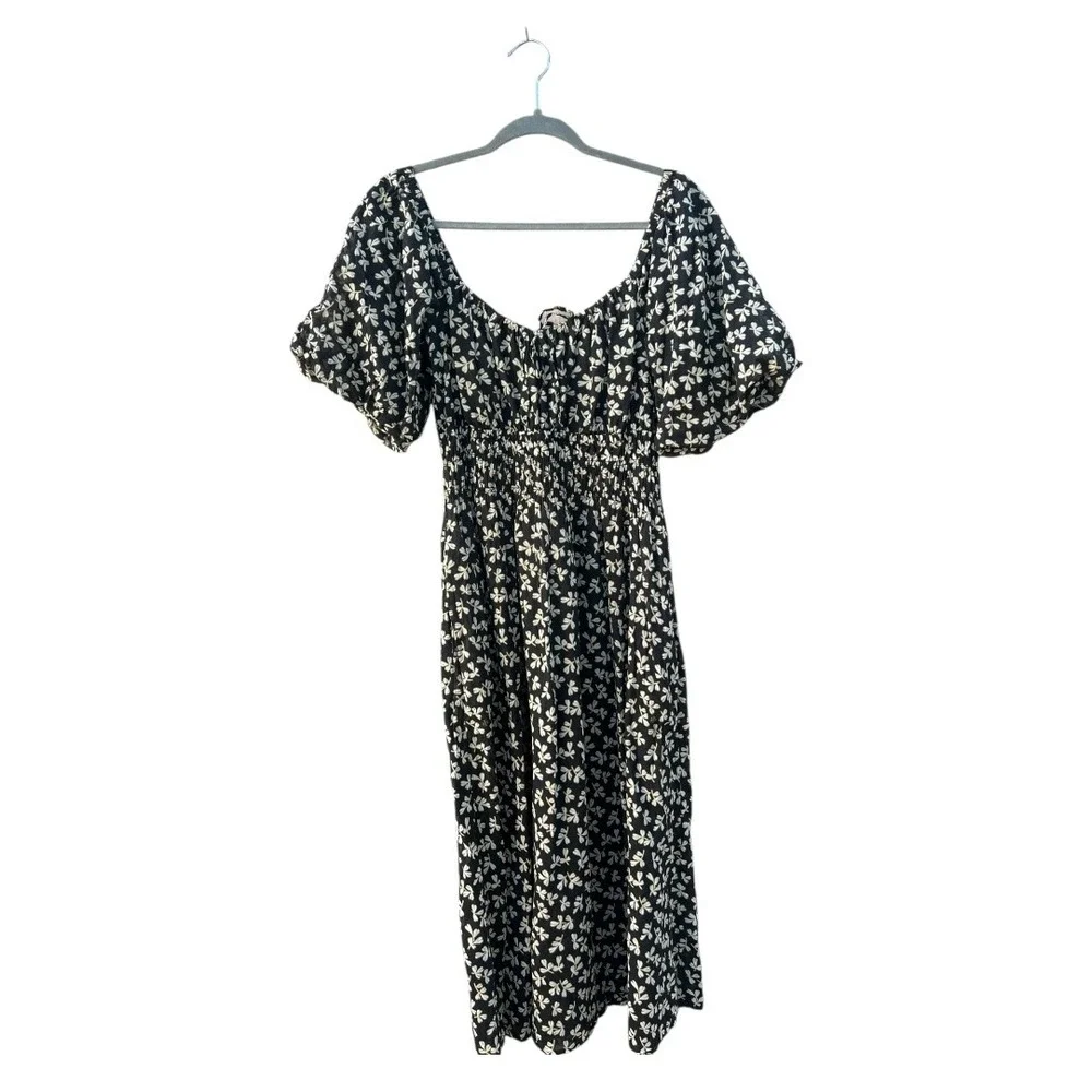 Tory Burch S Black Floral Smocked Midi Dress Butterfly Puff Sleeve Boho Romantic